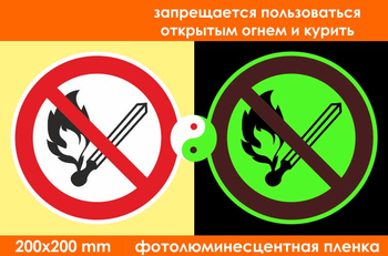 P02 запрещается пользоваться открытым огнем и курить (фотолюминесцентная пленка, 200х200 мм) - Знаки безопасности - Фотолюминесцентные знаки - . Магазин Znakstend.ru